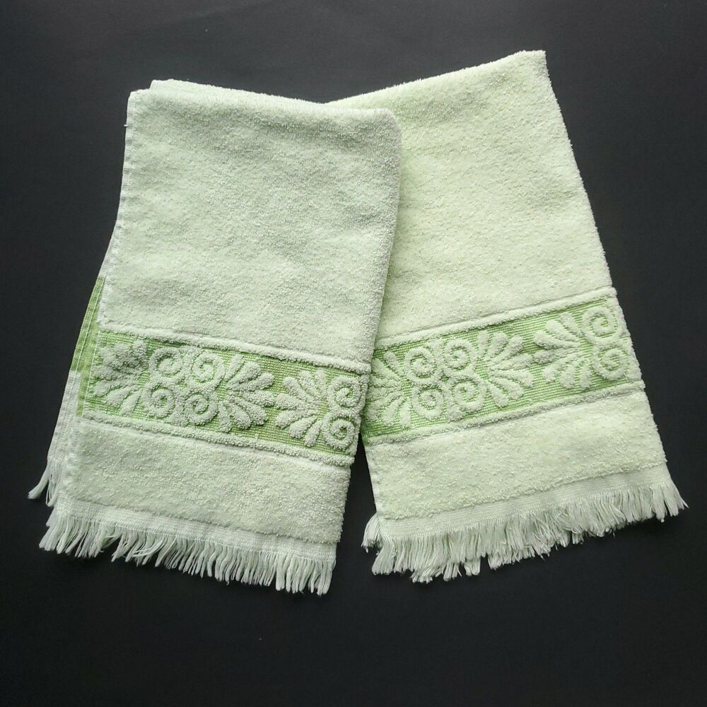 VTG Cannon Hand Towel Lot of 2 Green Sculpted Floral Fringe USA MCM Style READ